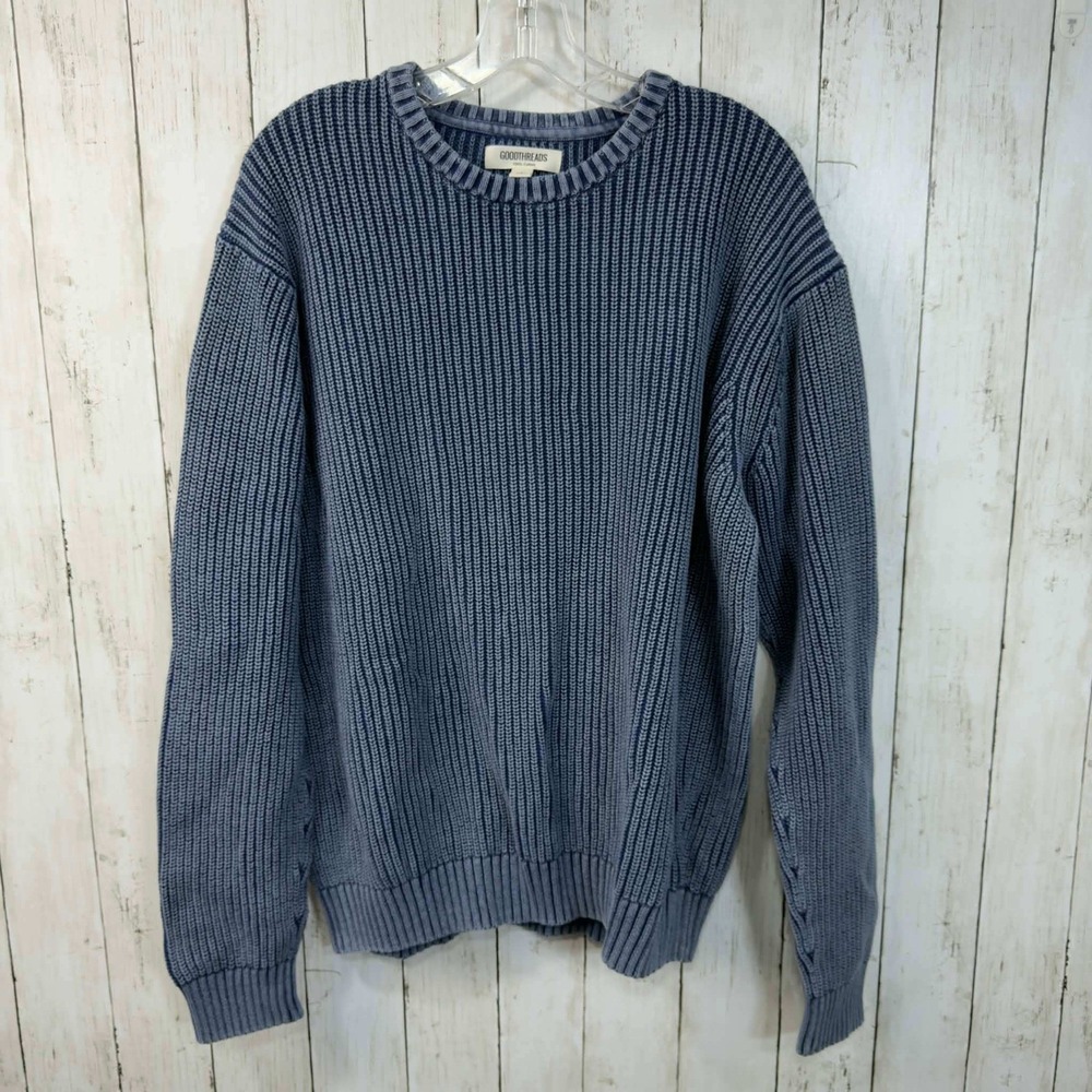 GOODTHREADS Men's Blue Ribbed Knit Crewneck Sweater Cotton Size L